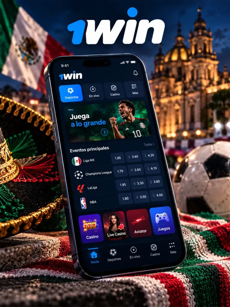 Ilustración de aplicación y acceso móvil de 1win para México